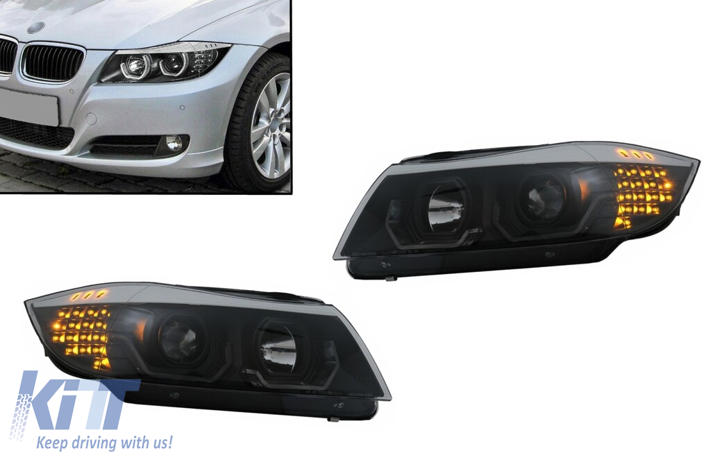3D LED Angel Eyes Headlights suitable for BMW 3 Series E90 Limousine E91  Touring (03.2005-08.2008) LHD Black 