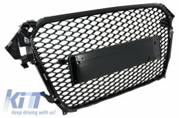 Badgeless Front Grille suitable for Audi A4 B8 Facelift (2012-2015) RS Design Honeycomb Piano Black With PDC Covers-image-6029517