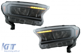 Headlights LED Light Bar suitable for Ford Ranger (2015-2020) LHD Full Black Housing with Sequential Dynamic Turning Lights-image-6078833