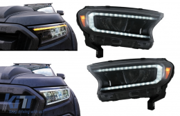 Headlights LED Light Bar suitable for Ford Ranger (2015-2020) LHD Full Black Housing with Sequential Dynamic Turning Lights-image-6078843