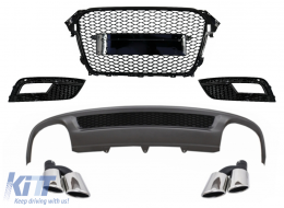 Rear Bumper Valance Air Diffuser and Exhaust Muffler Tips suitable for AUDI A4 B8 Facelift Limousine/Avant (2012-2015) with Badgeless Front Grille and Fog Lamp Covers S-Line Look only Standard Bumper - CORDAUA4B8S4FNFG