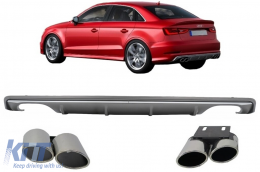 Rear Bumper Valance Diffuser suitable for Audi A3 8V Sedan (2012-2015) with Exhaust Muffler Tips Tail Pipes S3 Quad Design-image-6094402