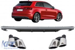 Rear Bumper Valance Diffuser suitable for Audi A3 8V Hatchback Sportback (2012-2015) with Exhaust Muffler Tips Tail Pipes S3 Quad Design-image-6026406