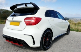 Rear Bumper Valance Diffuser with Exhaust Muffler Tips suitable for Mercedes A-Class W176 Facelift (2015-2018) A45 Design Red Edition-image-6058121