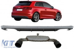 Rear Bumper Valance Diffuser with Exhaust System Black suitable for Audi A3 8V Hatchback Sportback (2012-2015) S3 Design-image-6094187